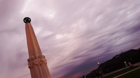 LA Griffith Park Observatory 17  Magic Hour Stormy Statue Hollywood Sign Stock Footage 10156247