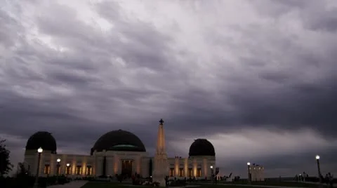LA Griffith Park Observatory 18 Magic Hour Dramatic Stormy Sky Grey Clouds Stock Footage 10096077