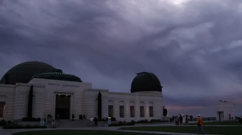 LA Griffith Park Observatory 5 Magic Hour Dramatic Stormy Sky-purple clouds Stock Footage 10571259