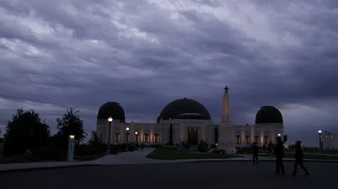 LA Griffith Park Observatory 7 Magic Hour Dramatic Stormy Sky Purple Grey Clouds Stock Footage 10571285