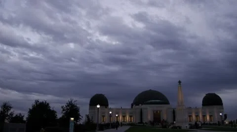 LA Griffith Park Observatory 9 Magic Hour Dramatic Stormy Sky purple grey clouds Stock Footage 10571450