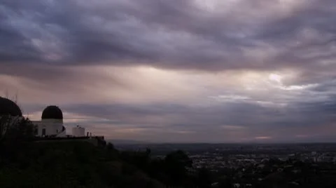 LA Griffith Park Observatory Magic Hour Dramatic Stormy Sky-over Hollywood Stock Footage 10571565