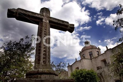 La guadalupita church morelia mexico with stone cross Stock Photos