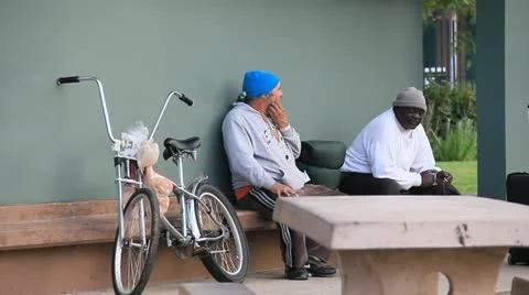 LA Homeless guys hanging out in Los Angeles museum area 4984 Stock Footage 18974953