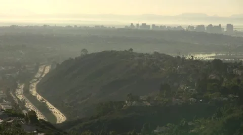 La jolla day high angle lookout point  downtown la on the horizon highway lea Stock Footage 44544030