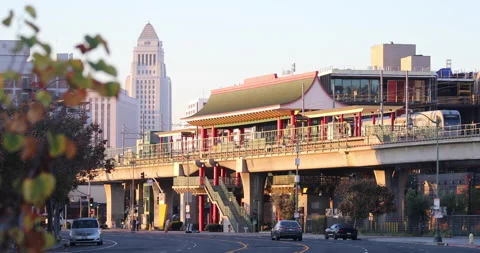 LA Light Rail With City Hall In Sunlight Stock-Footage 224813628