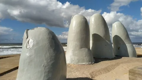 La Mano is a sculpture in Punta del Este Uruguay Stock Footage