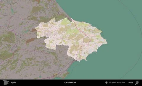 La Marina Alta highlighted, Spain. Topographic Standard Stock Illustration