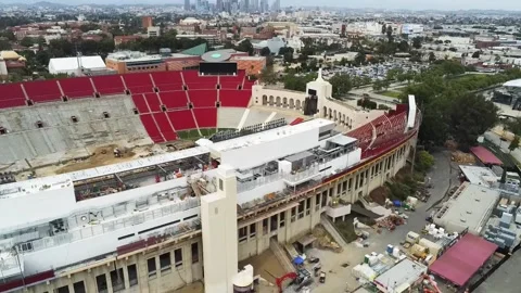 LA Memorial Coliseum Press Box Renovation, May 2019 4K Stock Footage 201459470