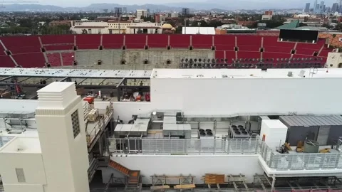 LA Memorial Coliseum Press Box and Red Seats, 4K Stock Footage 201459605