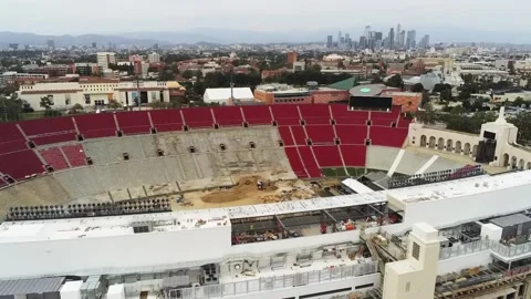 LA Memorial Coliseum Renovation and Downtown Skyline, 4K Stock Footage 201459540