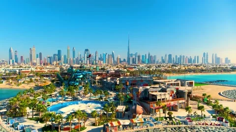La Mer Beach resort and Ariel View of Dubai Stock Footage 235908417