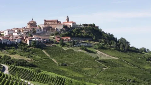 La Morra town, pan on Langhe hills and vineyards in Piedmont, Italy Stock Footage 72279901
