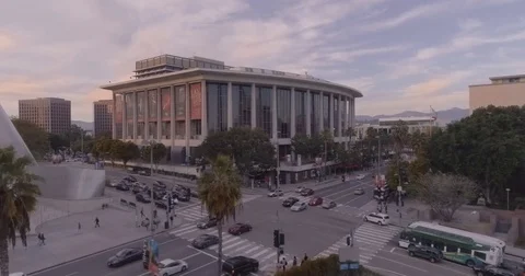 LA opera Aerial fly into at sunset  스톡 동영상 72892420