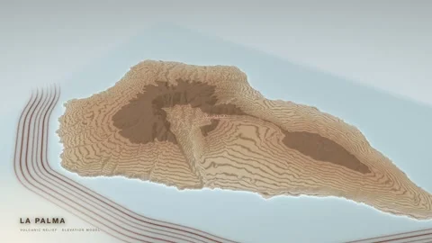 La Palma 3D terrain relief map drawn as a topographic contour sheet Stock Footage 344565413