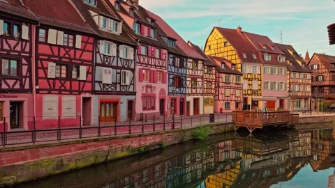 La Petite Venise canal with half-timbered houses at daylight, 4K Stock Footage 340846089