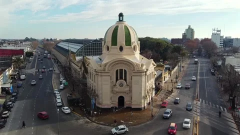 La Plata, Argentina; 07 27 2026:  Neoclassical dome Train Station aerial Stock Footage 345099626