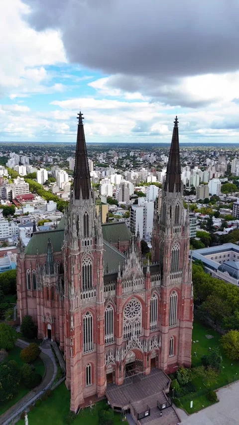 La plata cathedral drone flyby revealing buenos aires cityscape Stock Footage 334488432