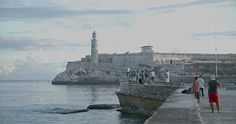 La Punta and el Morro Fortress Fishermen Havana Cuba Malecon 4k Stock Footage 118687160