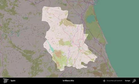 La Ribera Alta highlighted, Spain. Topographic Standard Stock Illustration