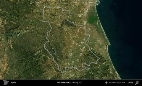 La Ribera Alta outlined, Spain. Sentinel - World Cover Mosaic. January 2021 Stock Illustration