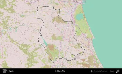 La Ribera Alta outlined, Spain. Topographic Standard Stock Illustration