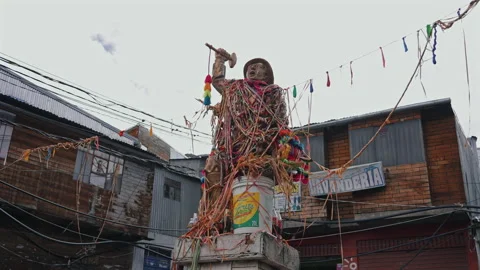 La Rinconada, Peru - March 5, 2026: Miner Monument Decorated Ritual Offerings Stock Footage 345131796
