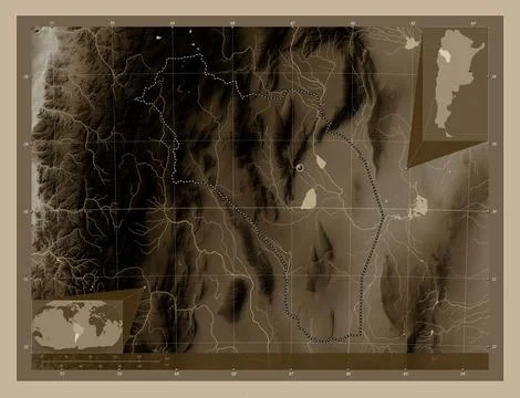 La Rioja, Argentina. Elevation map colored in sepia tones with lakes and rive Illustrazione stock