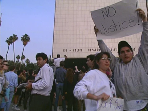 LA Riots 4-29-1992 Parker Center Protesters with No Justice No Peace Sign Stock Footage 78167027