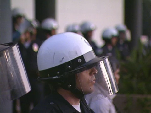 LA Riots 4-29-1992 Parker Center Police Helmets Protester with Bullhorn Stock Footage 78167100