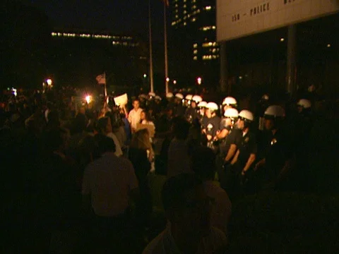 LA Riots 4-29-1992 Parker Center Protesters and Police on Lawn Stock Footage 78173655