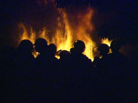 LA Riots 4-29-1992 Parker Center Guard Shack on Fire Police in Foreground Stock Footage 78216143