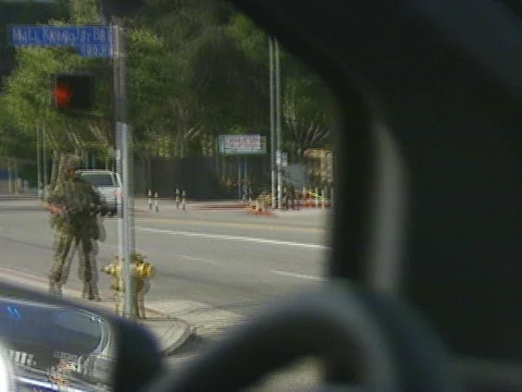 LA Riots 5-1-1992, National Guard Sentry at LA Coliseum  Stock Footage 78242904