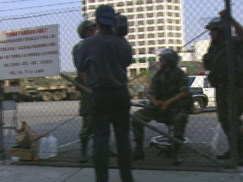 LA Riots 5-1-1992, Police car at National Guard Base Camp in Downtown LA Stock Footage 78243425