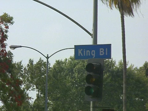 LA Riots 5-1-1992, MLK Blvd Sign in South Central Los Angeles. Stock Footage 78244695