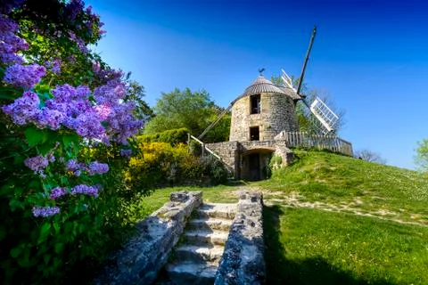 La Sallette windmill and springtime flowers Stock Photos