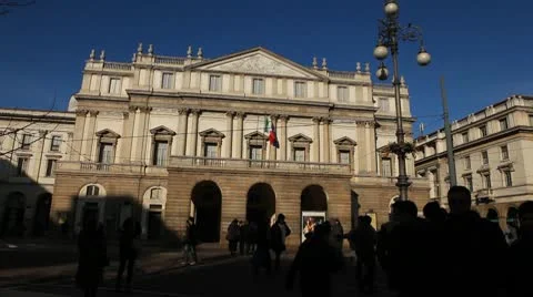 La Scala, Teatro alla Scala, Opera House in Milan, Italy, Traffic Street Stock Footage