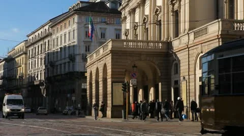 La Scala, Teatro alla Scala, Opera House in Milan, Italy, Traffic Street Stock Footage