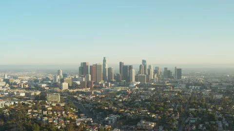 LA Skyline Aerial Pull Back from Elysian Park at Golden Hour Stock Footage