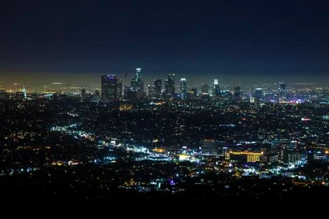 LA Skyline at Nighttime from afar Stock Photos