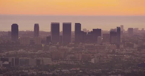 LA skyline view at sunset from Hollywood... | Stock Video | Pond5