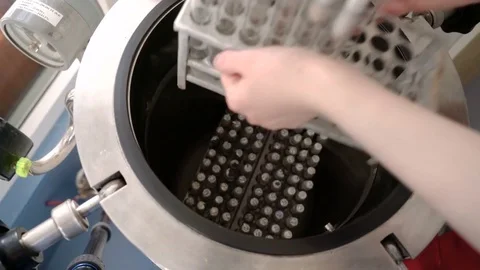 The lab assistant puts the rack with the test tubes into the autoclave Stock Footage 74368237