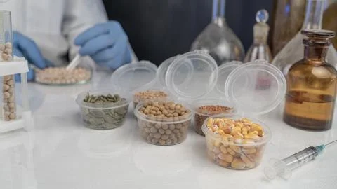Lab assistant at work. Analysis of soybean seeds. Tests for GMO content, ni.. Stock Photos