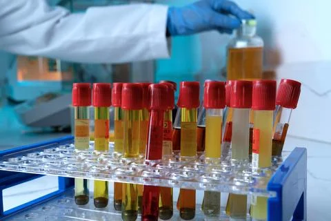 A lab bench with many test tubes of different colors Stock Photos
