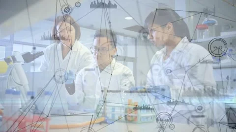 Lab bench right tech starting pipetting center on laptop checking data network Stock Footage 331272823