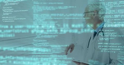 Lab-coated doctor pointing at code display in research lab, with tablet, 스톡 사진