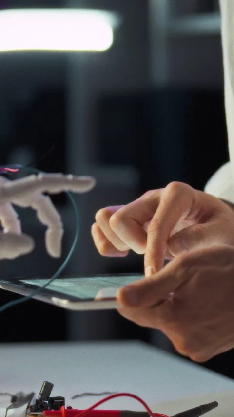 Lab-coated researcher manipulates tablet while assembling a robotic hand in Stock Footage 342717767