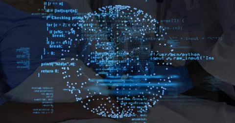 Lab-coated scrub-clad doctors examining digital globe hologram in ward, with 写真素材