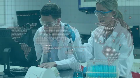 Lab colleagues typing data animating volume gauge on pipette and pipetting blue Stock Footage 313328182