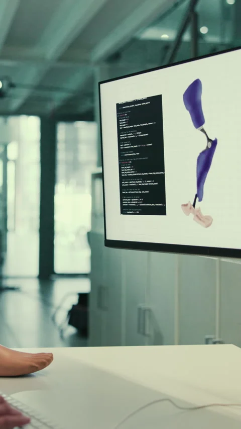 Lab, computer and person with artificial leg for research, innovation or design Stock Footage 332919694
